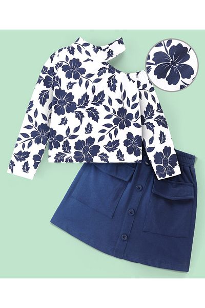 Ollington St. Ollington St. 100% Cotton Knit St. Full Sleeves Top & Skirt Floral Print - Navy Blue & White