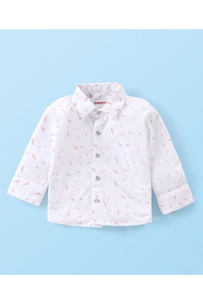 Babyhug Full Sleeve Musical Notes Printed Stretch Fit Party Shirt & Trousers Cap & Bow-Peach & White