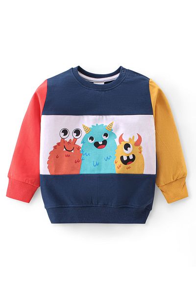 Babyhug Babyhug 100% Cotton Knit Full Sleeves T-Shirt & Lounge Pant With Monster Print - Blue Red & Yellow