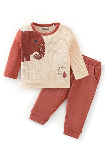 Babyoye Cotton Waffle Knit Full Sleeves T-Shirt And Lounge Pant Elephant Print - Brown
