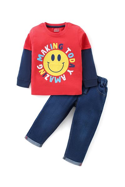 Babyhug Babyhug T-Shirt and Denim Jeans Set with Emoticon and Text Print - Red and Blue