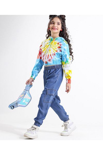 Ollington St. OLLINGTON ST. 100% Cotton Full Sleeves Tie & Dyed Hoodie T-Shirt & Denim Joggers  - Multicolor