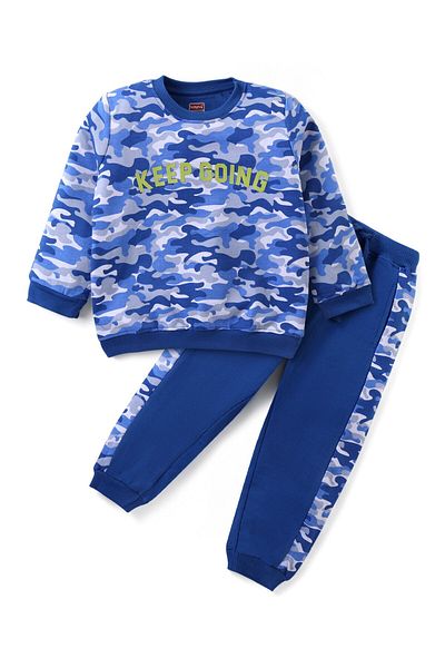 Babyhug Babyhug Terry Knit Full Sleeves T- Shirt & Lounge Set with Camouflage & Text Print - Blue