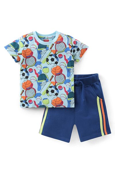 Babyhug Babyhug 100% Cotton Knit Half Sleeves Football Printed T-Shirt & Shorts Set - Blue