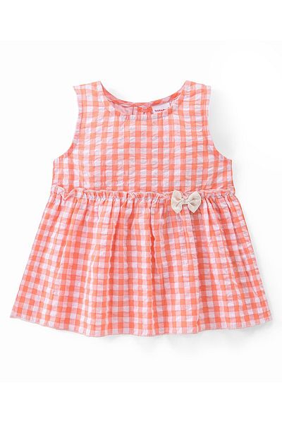 Babyhug Babyhug 100% Cotton Woven Sleeveless Checked  Top & Shorts Set with Bow Applique - Orange