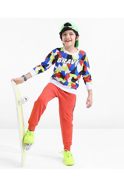 Ollington St. Ollington St. 100% Cotton Knit Full Sleeve T-Shirt & Joggers Set Abstract Design & -Multicolor