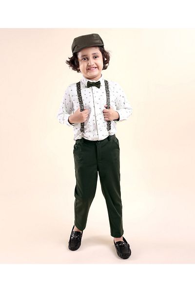 Babyhug Woven Full Sleeve Party Wear Shirt & Trouser Bow & Suspender Music Notes Print-White & Olive
