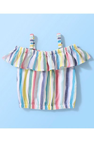 Babyhug Babyhug 100% Cotton Cold Shoulder Top & Skirt Striped - Pink