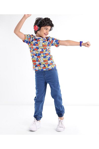 Ollington St. Ollington St. 100% Cotton Half Sleeves Tee & Stretchable Denim Jogger Set Dino Printed- Blue