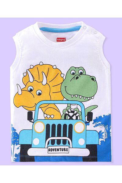 Babyhug Babyhug Cotton Knit Sleeveless T-Shirt & Shorts Set Dino Print - White & Blue