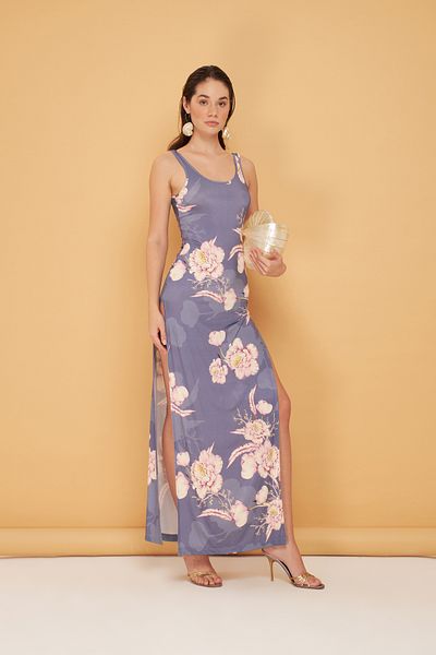 Eda Taşpınar Straps Patterned Deep Slit Dress - Teks-00063