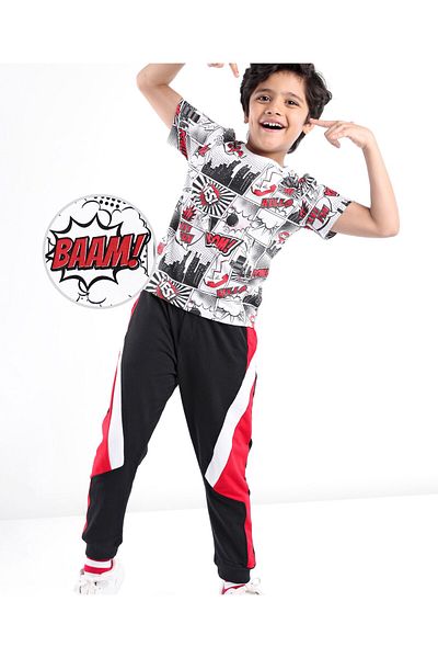Ollington St. Ollington St. 100% Cotton Half Sleeves T-Shirt With Knit Joggers All Over Printed - White & Black