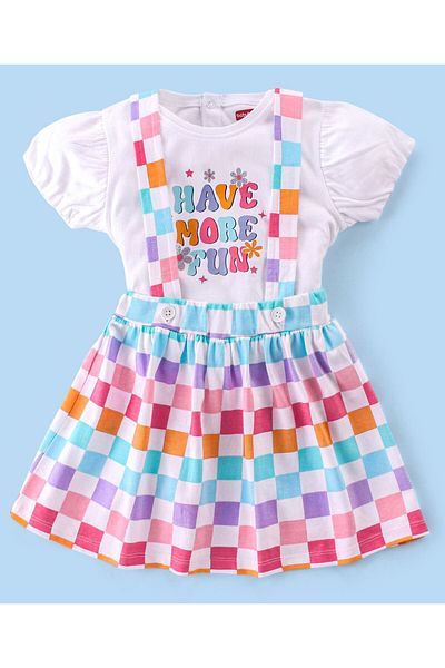 Babyhug 100% Cotton Knit Half Sleeves Top & Skirt With Checks & Text Print - Multicolour