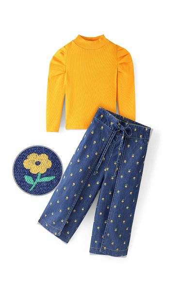 Ollington St. Cotton Knit Full Sleeve Solid Top & Denim Culottes Set Floral Printed-Yellow & Indigo