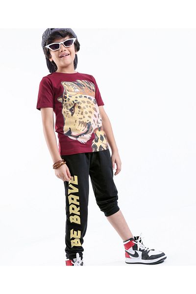 Ollington St. Ollington St. 100% Cotton Half Sleeves T-Shirt & Pants Set Cheetah Print - Maroon & Black