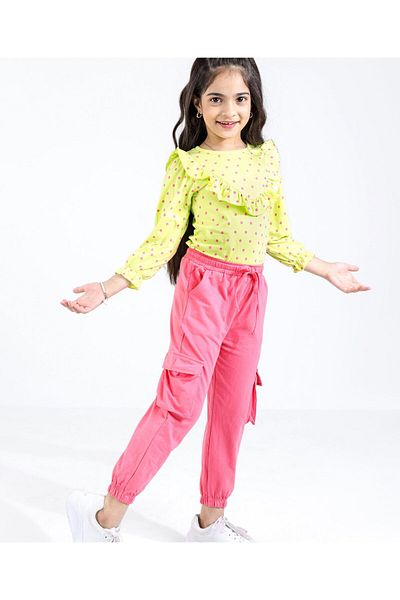 Ollington St. Ollington St. 100% Cotton Knit Full Sleeves Top & Legging Set Polka Dot Print - Yellow & Pink