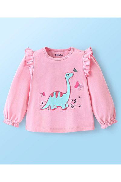 Babyoye Babyoye Eco Conscious 100% Cotton Dino Placement Print Full Sleeves Top & Leggings Set - Pink