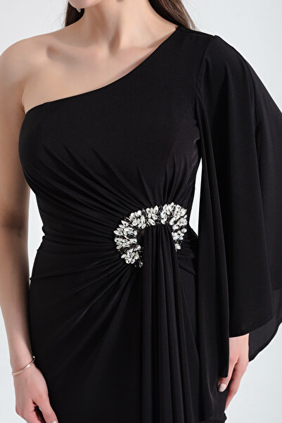 Lafaba Dámské černé detailní dlouhé večerní šaty na jedno rameno