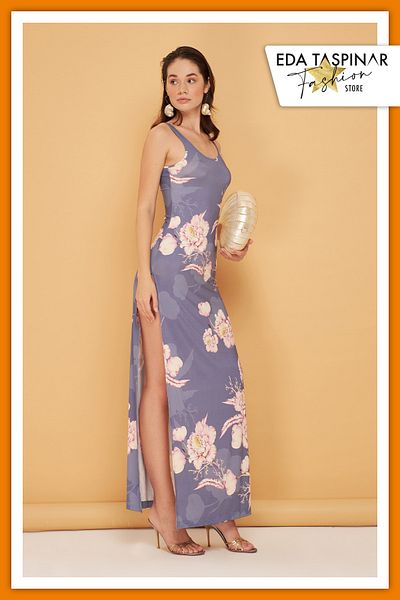 Eda Taşpınar Straps Patterned Deep Slit Dress - Teks-00063