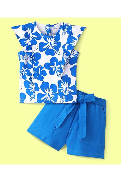 Ollington St. Ollington St. 100% Cotton Frill Sleeveless Floral ed Top & Shorts Self Fabric Belt Set-White & Blue