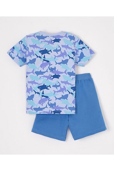 Babyhug Half Sleeves T-Shirt and Shorts Set Shark Print - Light Dark Blue