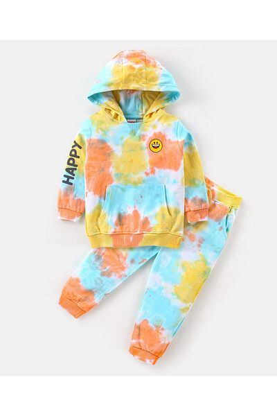 Babyhug 100% Cotton Full Sleeve Hooded T-Shirt & Lounge Pant Set Abstract Print-Blue Yellow & Orange