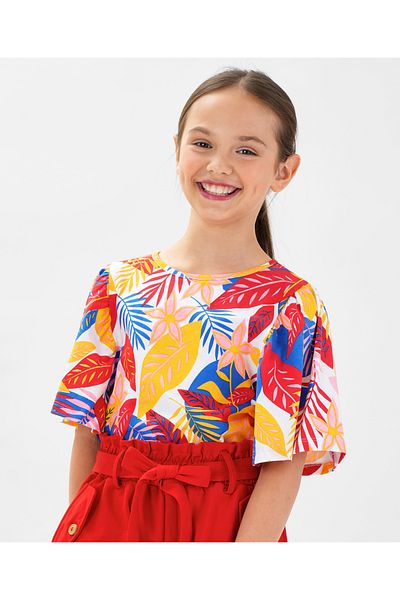Ollington St. Ollington St. 100% Cotton Half Sleeves Top & Woven Culottes Set With Leaves Print - Red