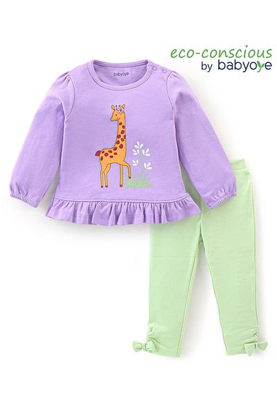 Babyoye Eco Conscious 100% Cotton Full Sleeves Top & Legging Giraffe Print - Green & Purple
