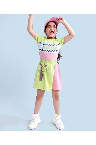 Ollington St. Ollington St. 100% Cotton Sinker Knit Short Sleeve Color Blocked Top & Skirt Set -Green & Pink