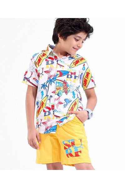 Ollington St. Ollington St. Cotton Half Sleeves Shirt & Shorts Set Beach Print - White & Yellow