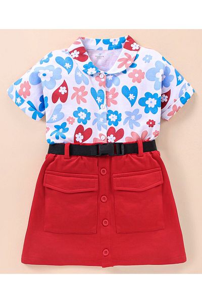 Ollington St. Ollington St. 100% Cotton Knit Half Sleeves Shirt & Skirt Floral Print - Multicolor