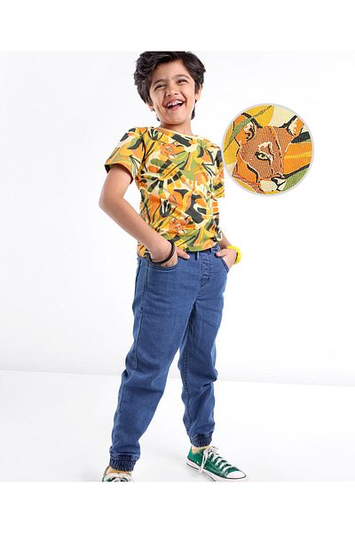 Ollington St. Ollington St. 100% Cotton Half Sleeve Tee & Stretchable Denim Jogger Set Tiger -Yellow Green & Blue