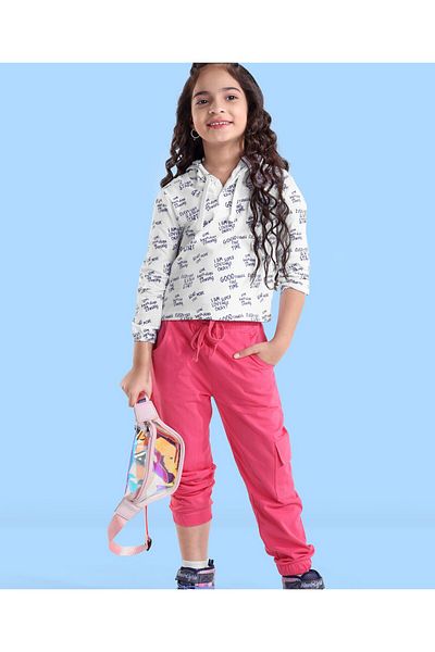 Ollington St. Ollington St. Text Print Full Sleeves Hoodie with Joggers - White & Pink