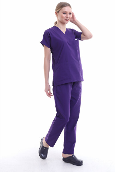 Esen Forma Kadın Doktor ve Hemşire Forması - V Yaka, Mor, Terikoton Kumaş