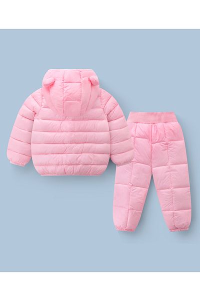 SAPS 3D Ear Detailed Solid Full Sleeves Hooded Winter Jacket & Pants/Co/ord Set - Pink