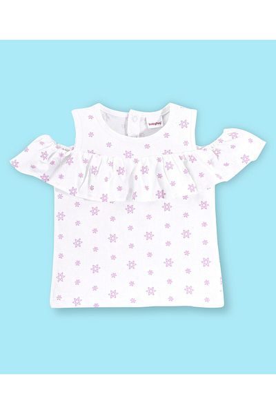 Babyhug Babyhug Cold Shoulder Floral Print Top With Mesh Skirt - Lilac & White