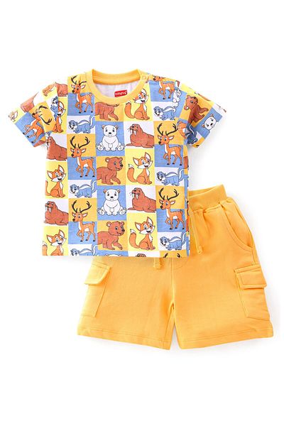 Babyhug Babyhug 100% Cotton Single Jersey Knit Half Sleeve T-Shirt and Shorts Set Bear -Yellow & Multicolor