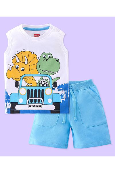 Babyhug Babyhug Cotton Knit Sleeveless T-Shirt & Shorts Set Dino Print - White & Blue