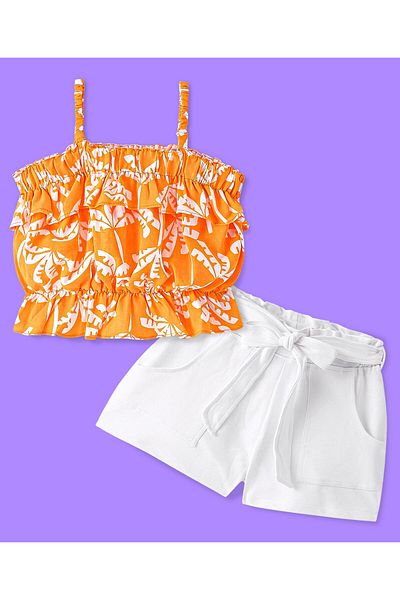 Ollington St. Ollington St. 100% Cotton Sleeveless Leaf Printed Top & Shorts Set - Orange & White