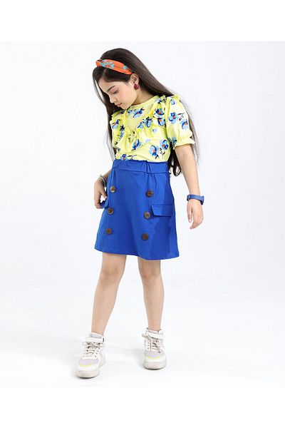 Ollington St. Ollington St. 100% Cotton Sinker Knit Half Sleeves Top & Skirt Set Floral Print - Yellow & Blue