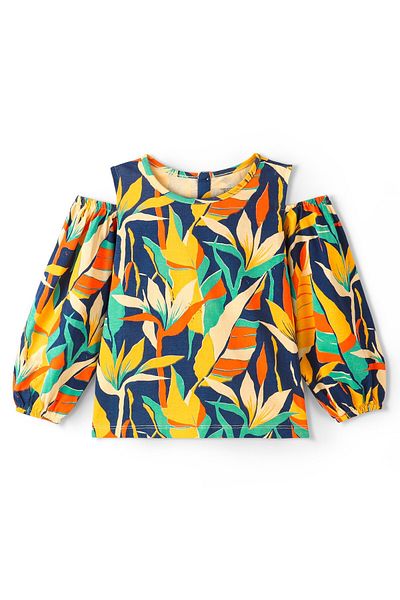 Ollington St. Ollington St. 100% Cotton Knit Cold Shoulder Top & Culottes Set with Leafy Print - Multicolor