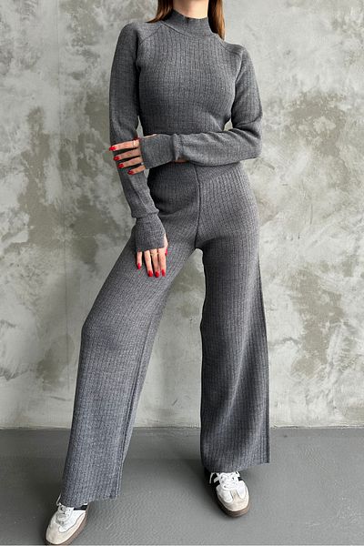 macharel jeans Half Fisherman Knitted Crop Sweater Trousers Knitwear Top and Bottom Set