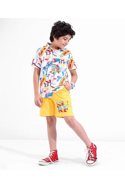 Ollington St. Ollington St. Cotton Half Sleeves Shirt & Shorts Set Beach Print - White & Yellow