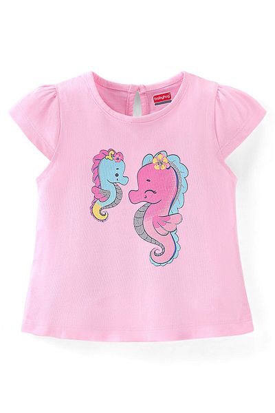 Babyhug Babyhug 100% Cotton Knit Cap Sleeves Top & Skirt Set Sea Horse Print - Pink