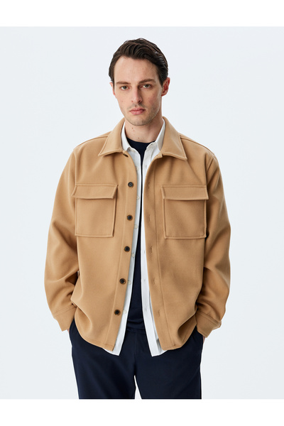 Koton Clamshell Pocket Buttoned Long Sleeve Regular Fit Stamp Shirt Jacket