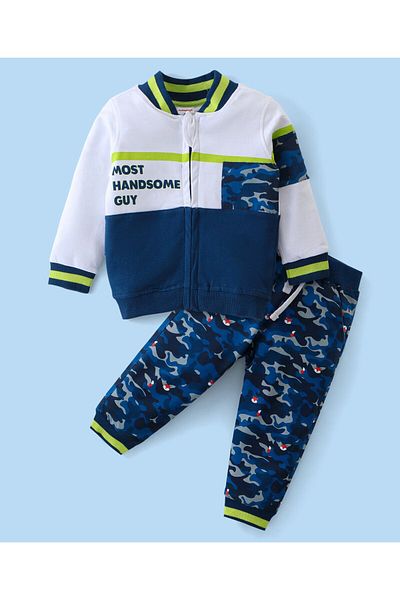 Babyhug Babyhug Single Jersey Knit Full Sleeve Cut & Sew Design T-Shirt & Lounge Pants Set &-White & Navy