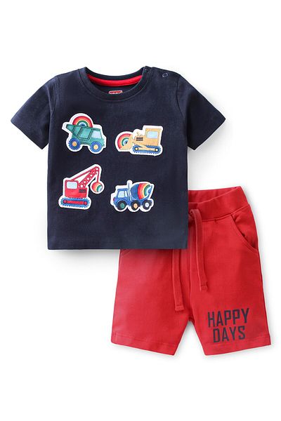 Babyhug Babyhug 100% Cotton Knit Half Sleeve T-Shirt & Shorts Construction Vehicle -Red & Navy Blue