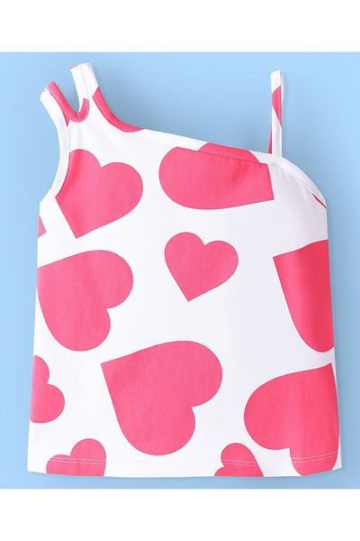 Ollington St. Ollington St.100% Cotton Sleeveless Top & Knit Culottes With Fabric Belt Heart Print - White & Pink