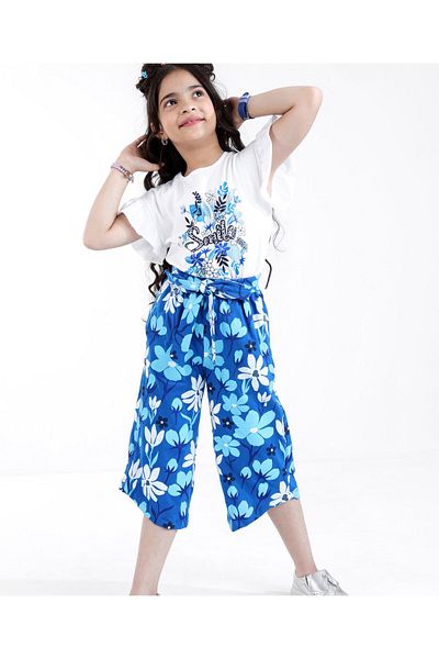 Ollington St. Ollington St. Cotton Frill Sleeve Floral Text Print Top & Culottes Set Self Fabric Belt-White & Blue