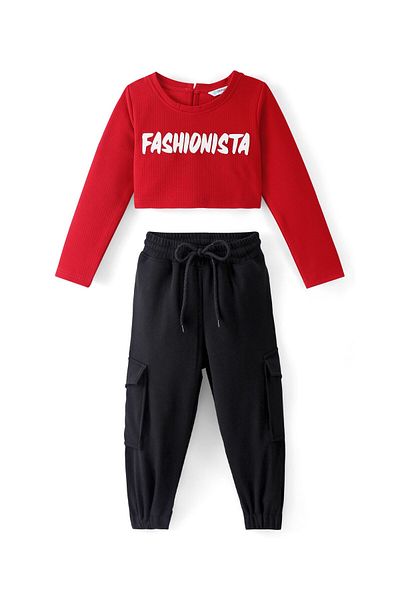 Ollington St. Ollington St. Knitted Full Sleeves Top & Joggers Set Text Print - Red & Black